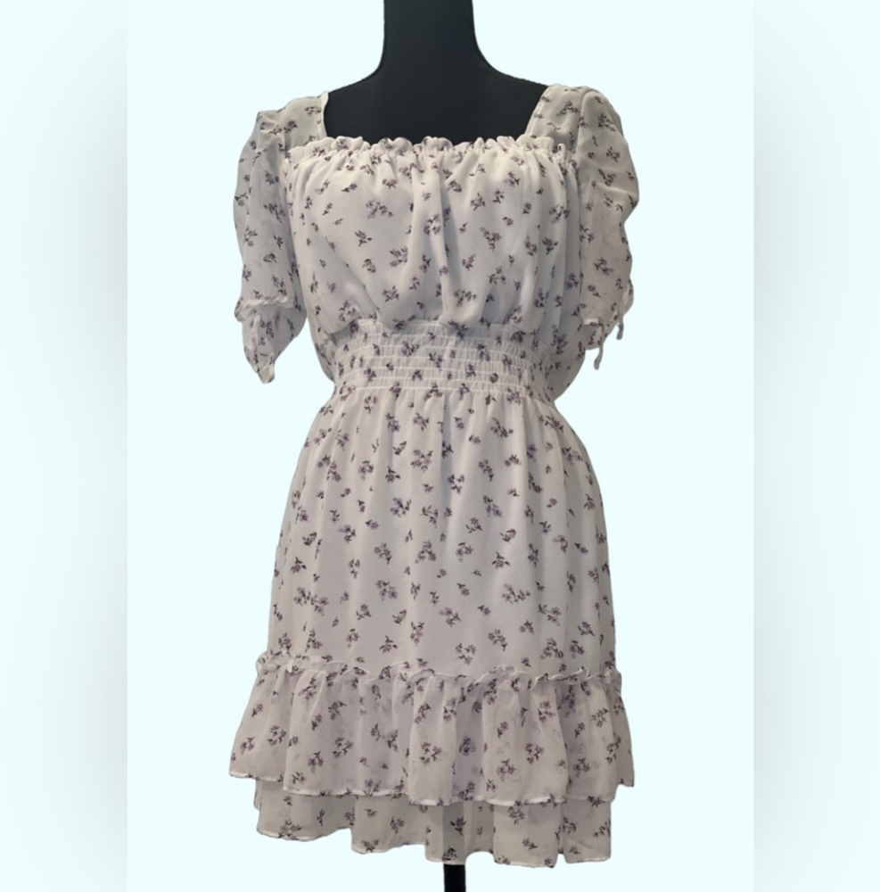 Liberty Love White Ruffled Hem Dress W/Purple Floral Print & Square Neckline (L)
